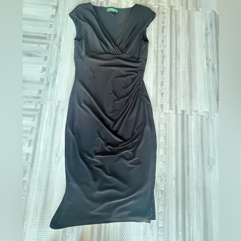 Ralph Lauren Black Ruched Wrap Midi Dress